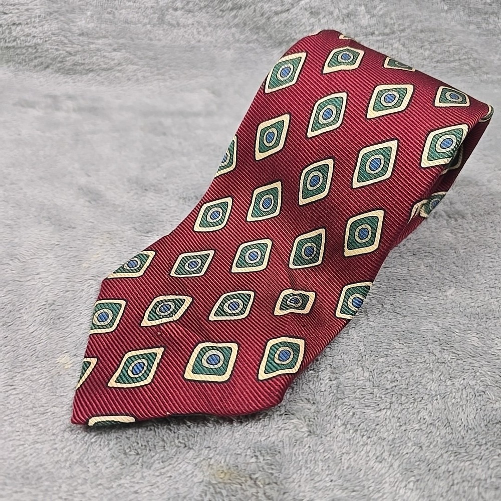 Polo Ralph‎ Lauren Silk Tie Necktie Gold Red Green Diamond Print Made in USA